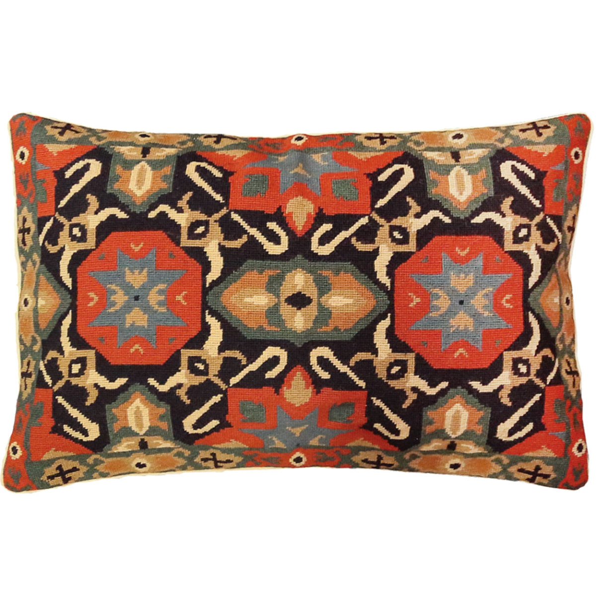 Classic Navy Orange Vintage needlepoint throw pillow with artisan decorative design