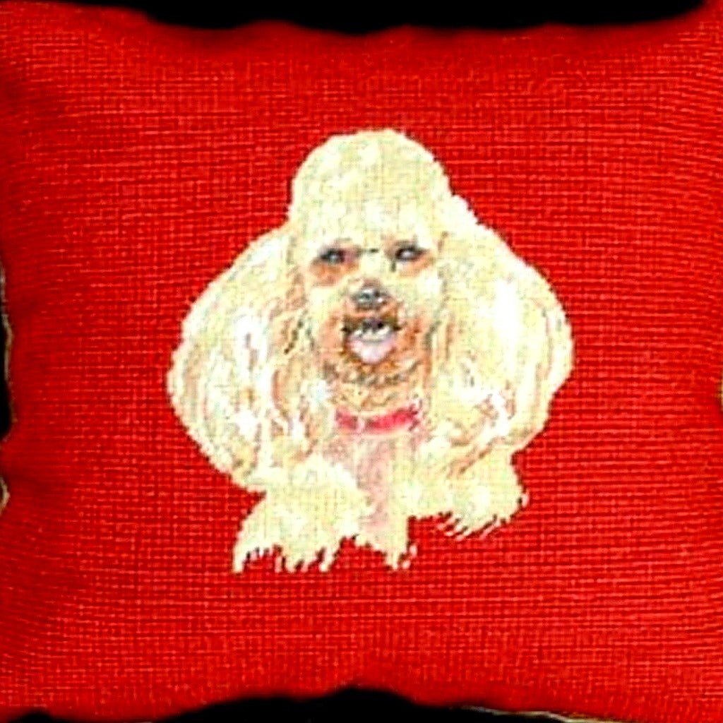 Closeup of Classic White Poodle Dog Lover needlepoint throw pillow highlighting hand-stitched wool craftsmanship and fabric detail