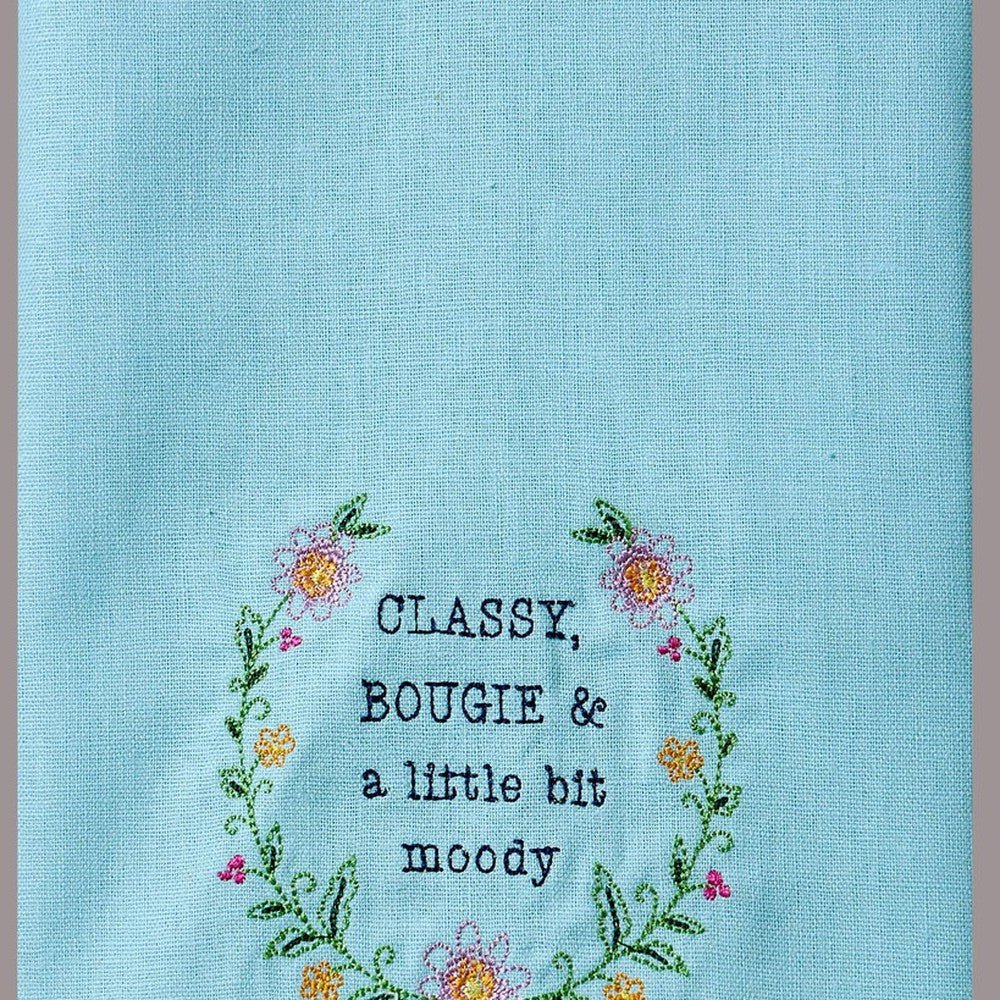 Closeup of Classy Bougie Embroidered Kitchen Towel showing stitch texture and craftsmanship detail