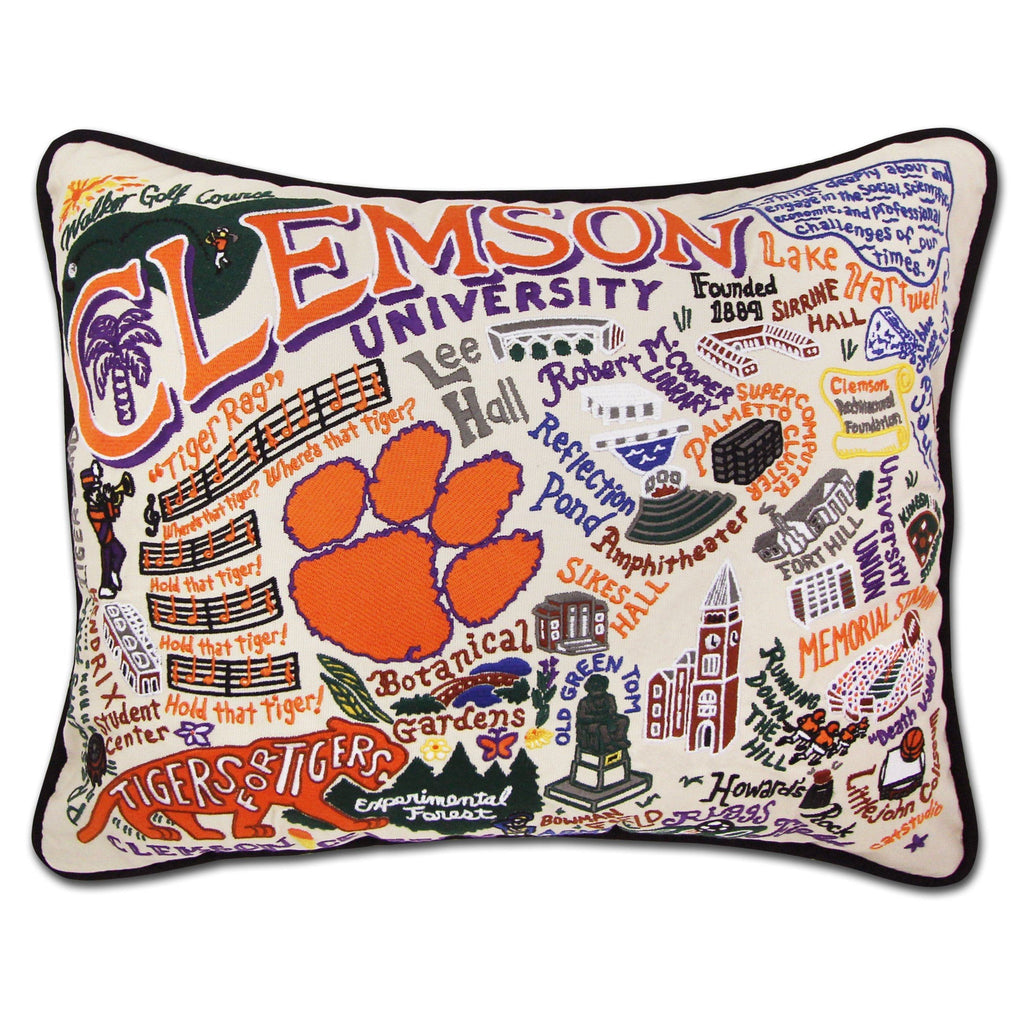Clemson University Tigers embroidered throw pillow with school mascot.