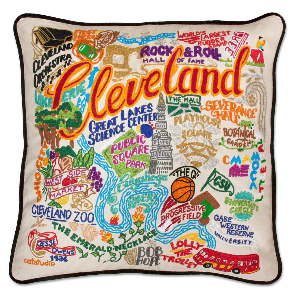 Cleveland, OH Rock City embroidered throw pillow with musical theme.