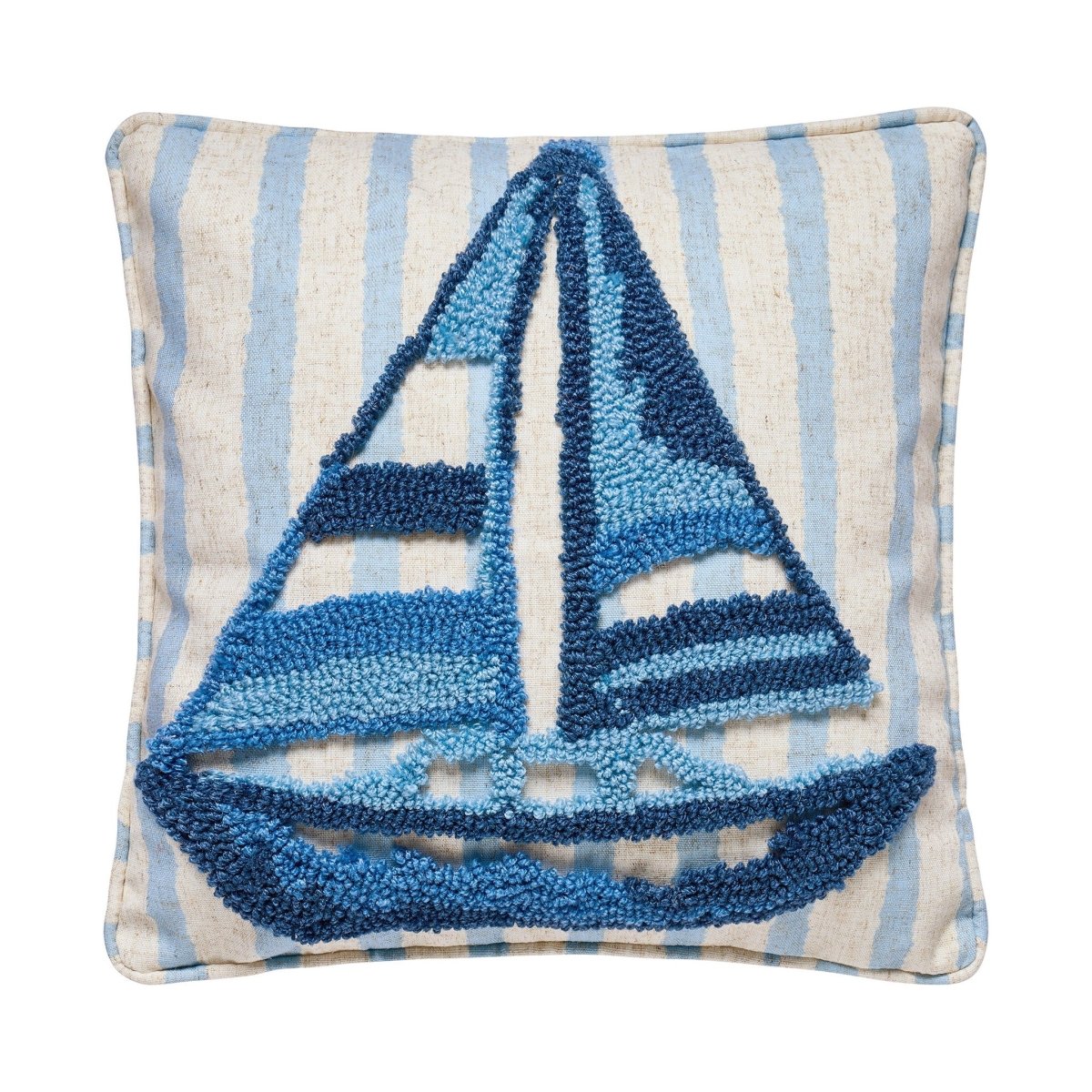 Coastal Sailboat Tufted Hooked Throw Pillow, 16x16 inch, front view