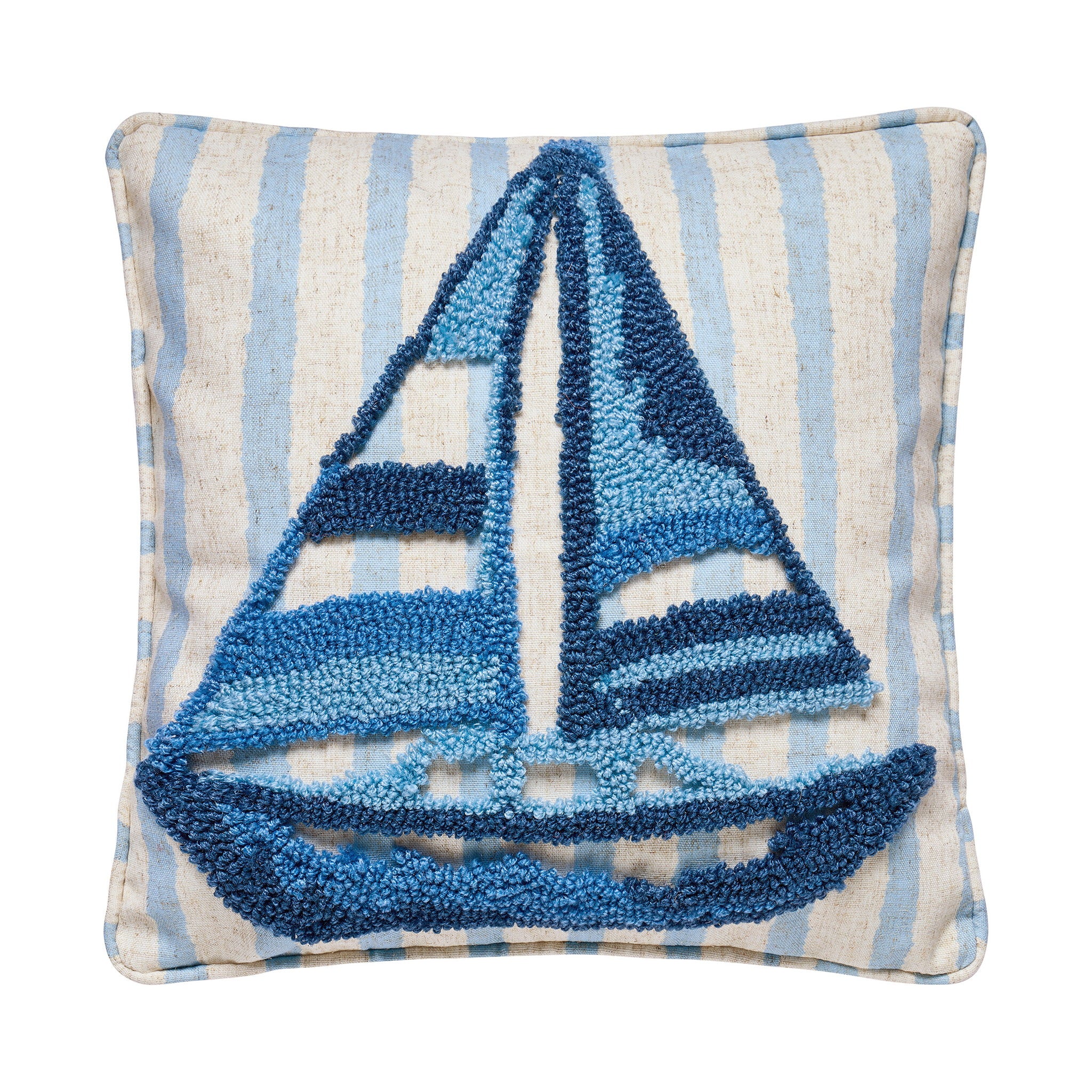 Coastal Sailboat Tufted Hooked Throw Pillow, 16x16 inch, front view