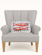 Coastal Sardines Tufted Hooked Throw Pillow on an armchair, showing the throw pillow at room scale, 9x16 inch