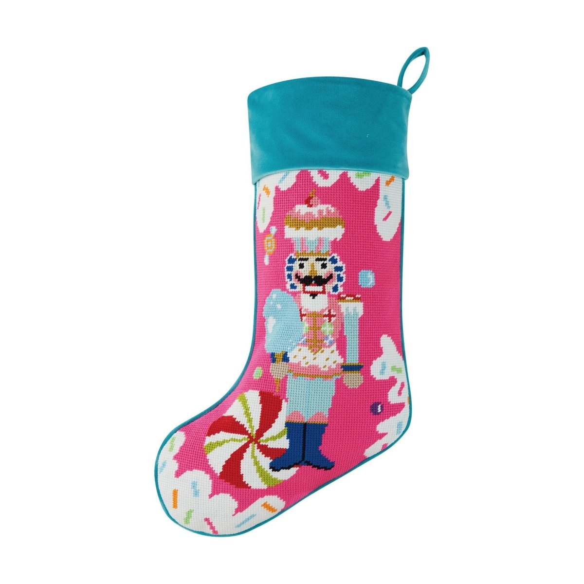Colonel Cupcake Embroidered Needlepoint Christmas Stocking, 11x18 inch, front view