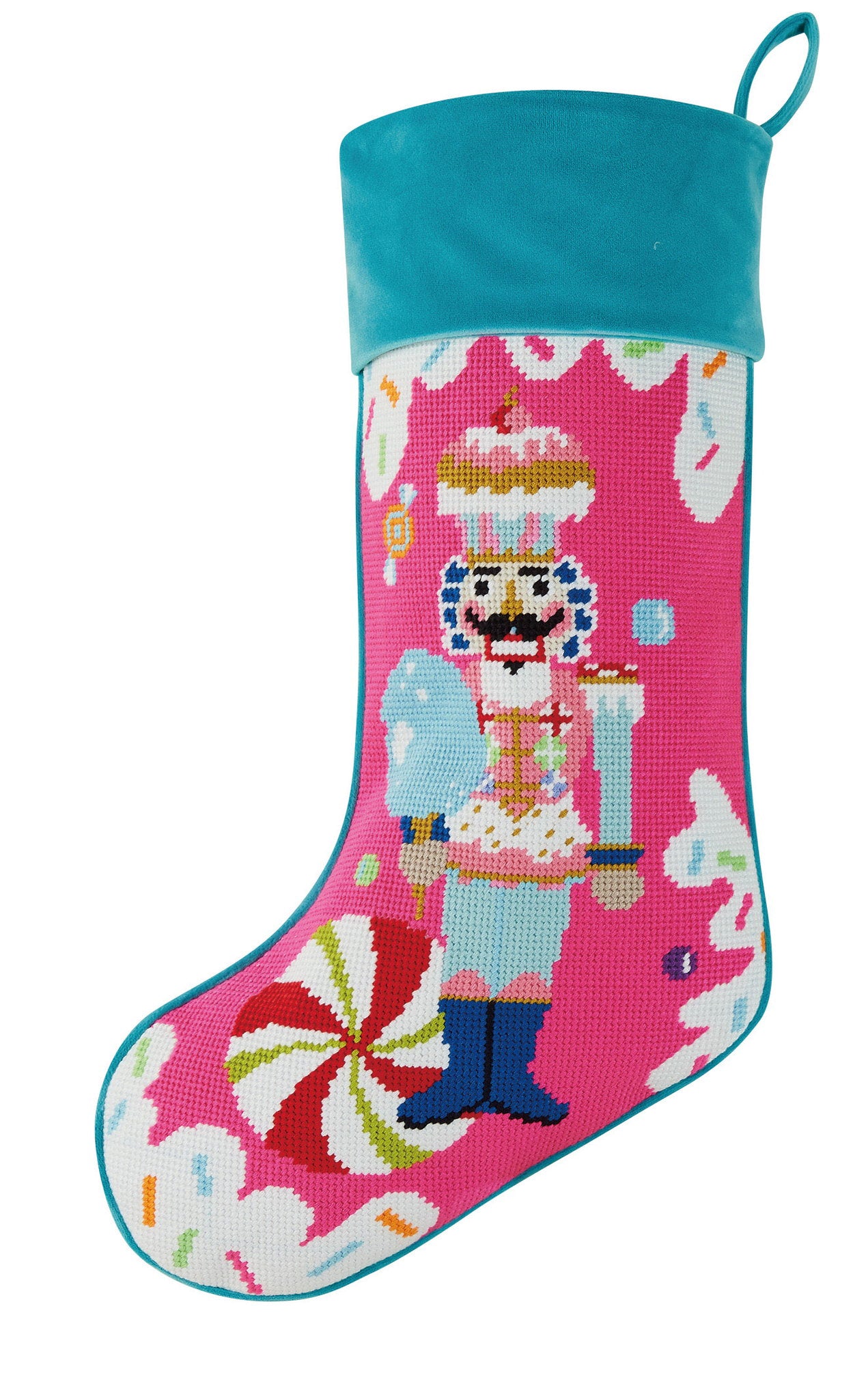 Colonel Cupcake Embroidered Needlepoint Christmas Stocking, 11x18 inch, front view