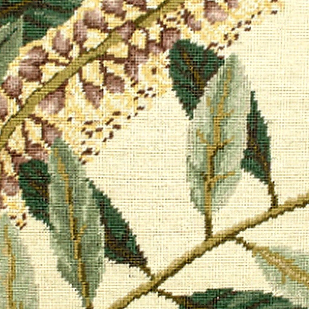 Closeup of Colonial Williamsburg Botanical Wool Floral needlepoint throw pillow highlighting hand-stitched wool craftsmanship and fabric detail