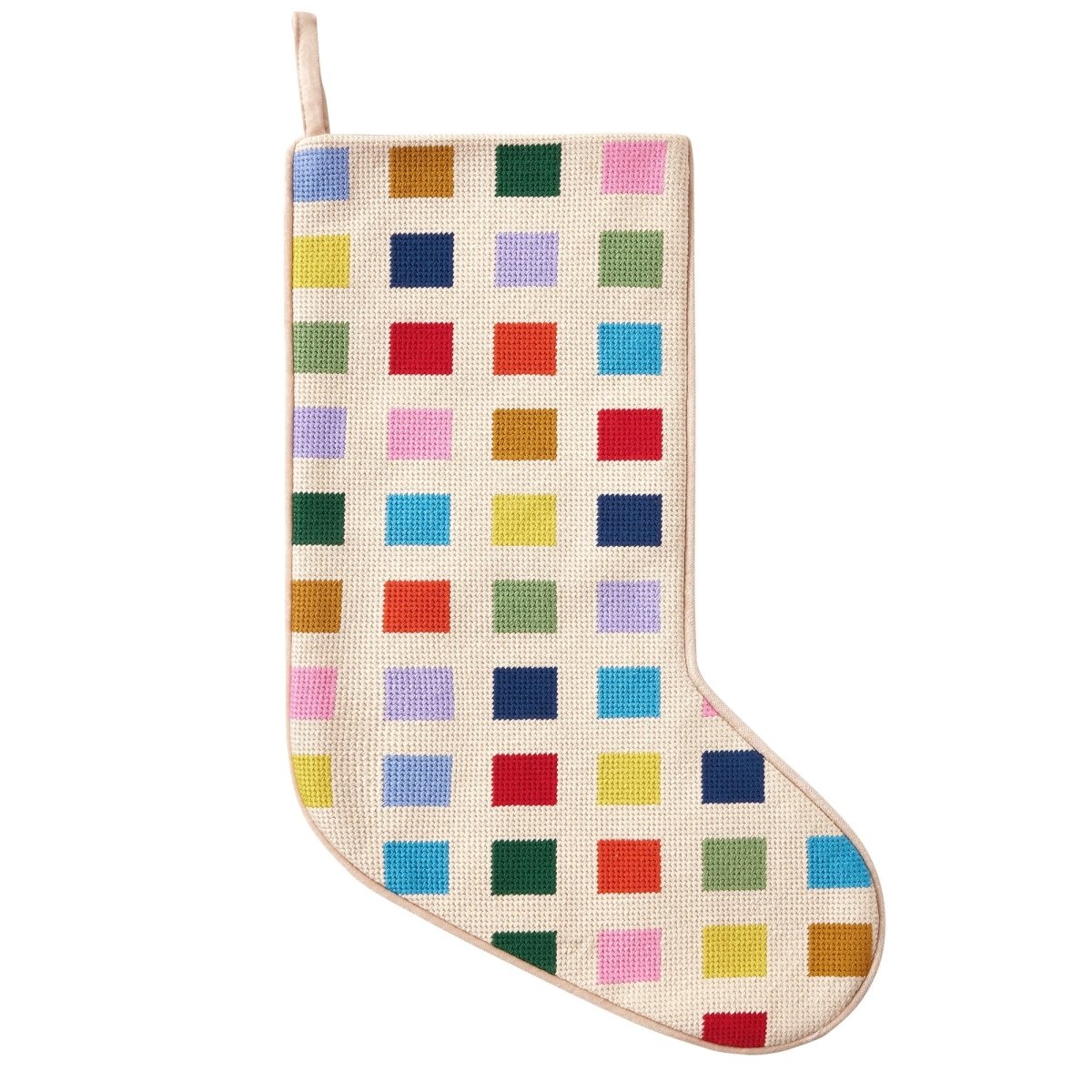 Color Block Embroidered Needlepoint Christmas Stocking, 11x18 inch, front view