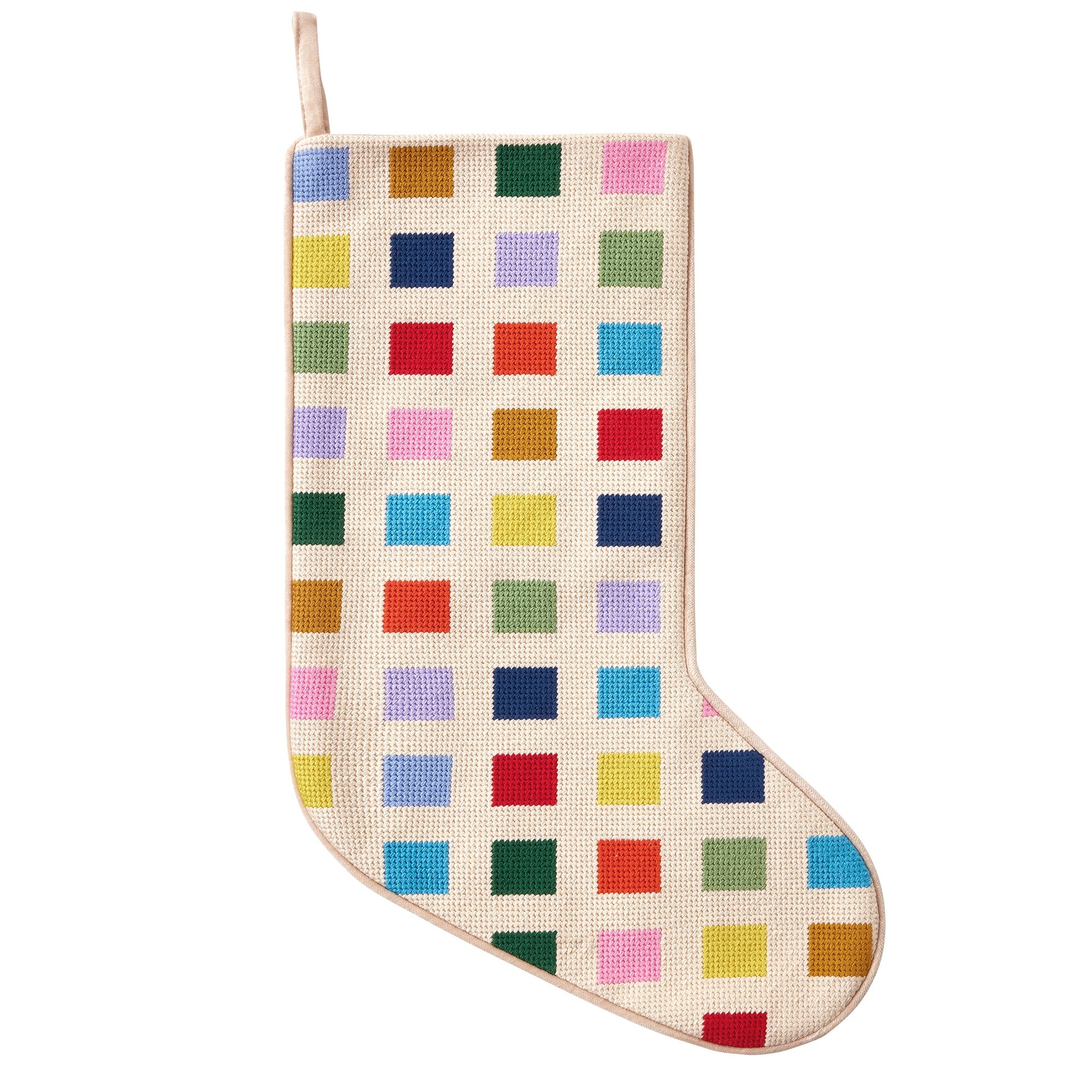 Color Block Embroidered Needlepoint Christmas Stocking, 11x18 inch, front view
