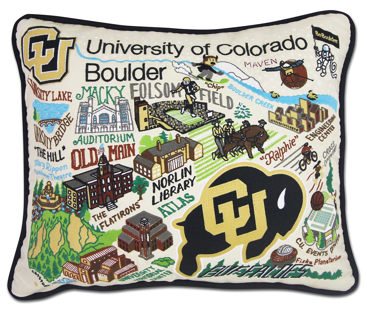 Colorado Boulder Buffaloes hand-embroidered throw pillow featuring school colors and mascot imagery