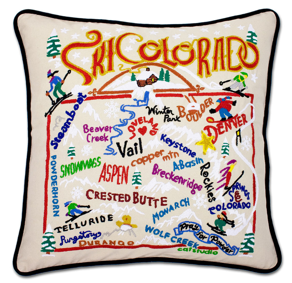 Colorado Rocky Mountains Ski embroidered throw pillow with skiing imagery.