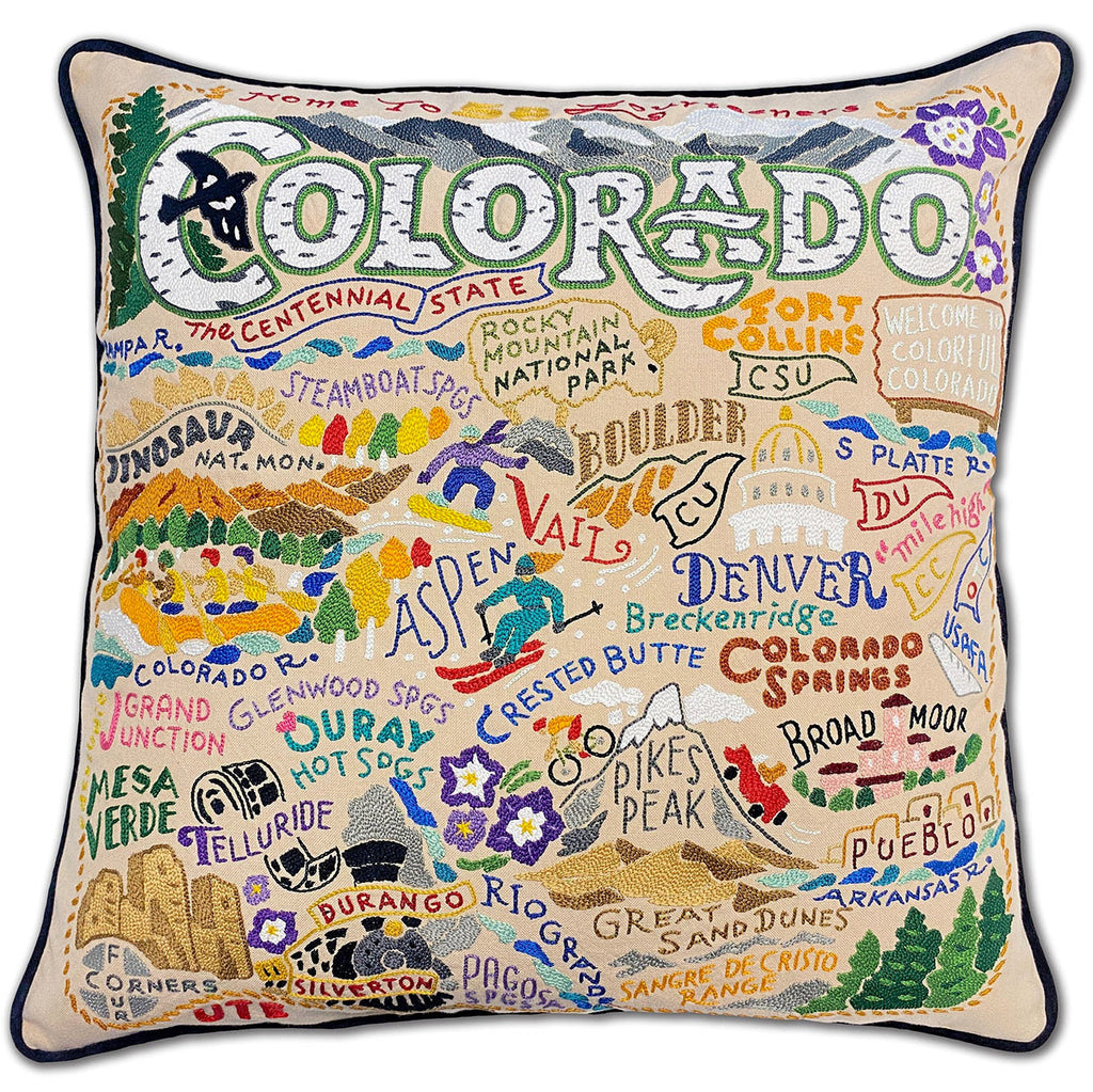 Colorado State Rocky Mountains embroidered throw pillow with mountain imagery.