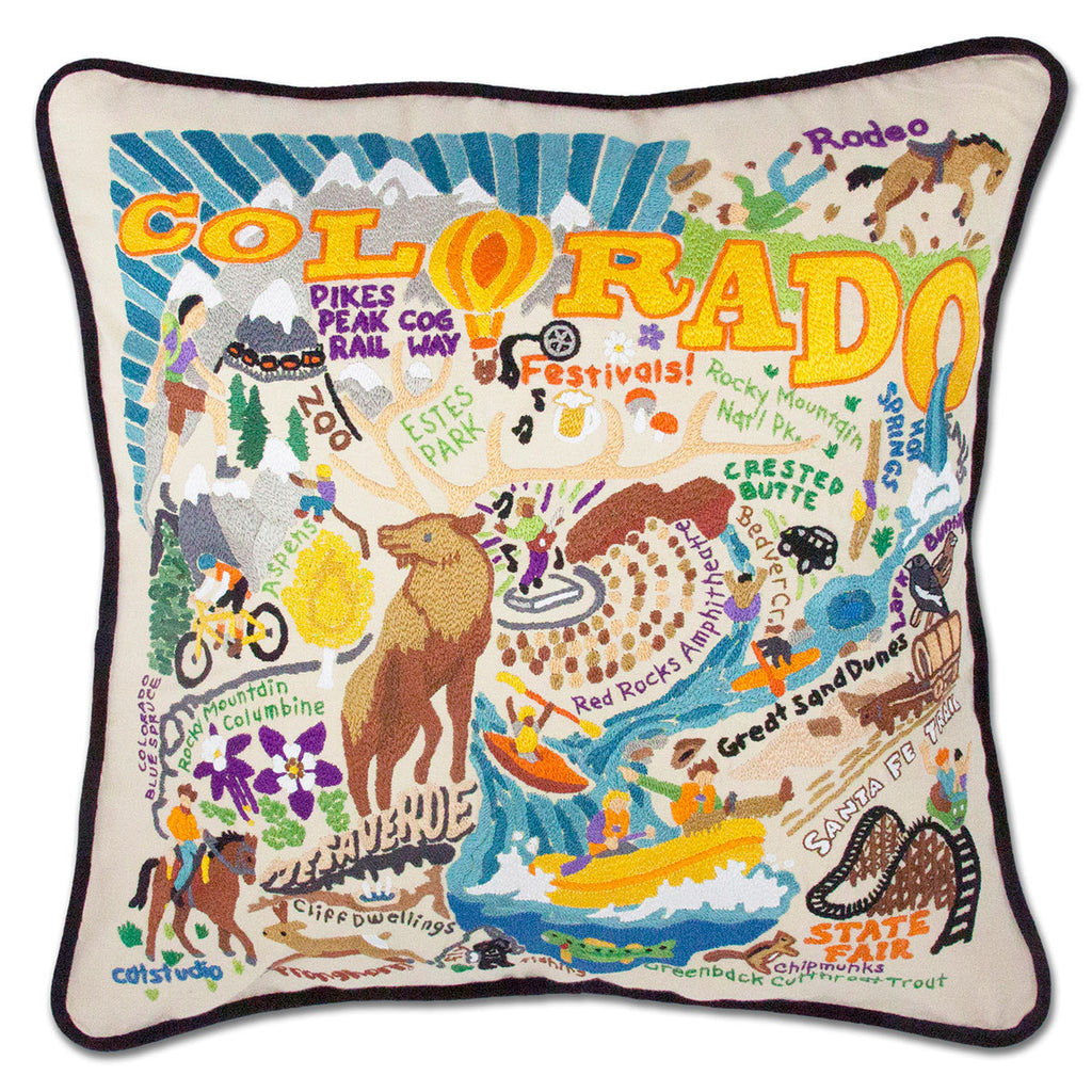 Colorado Summer Adventure embroidered throw pillow with outdoor scenes.