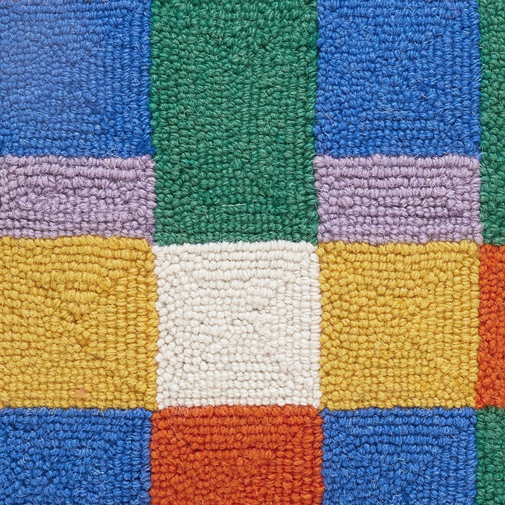 Colorful Check with Tassels Hooked Wool Throw Pillow, close-up detail