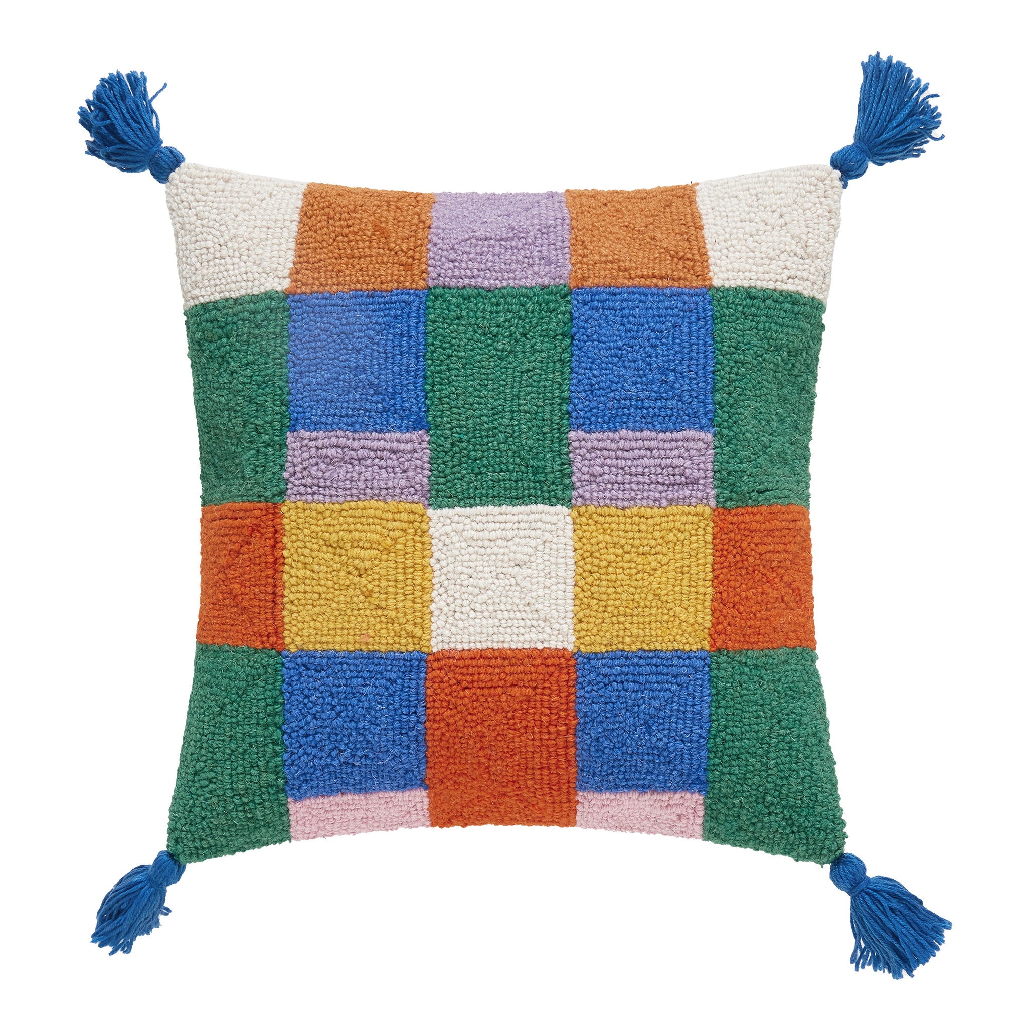 Colorful Check with Tassels Hooked Wool Throw Pillow, 16x16 inch, front view