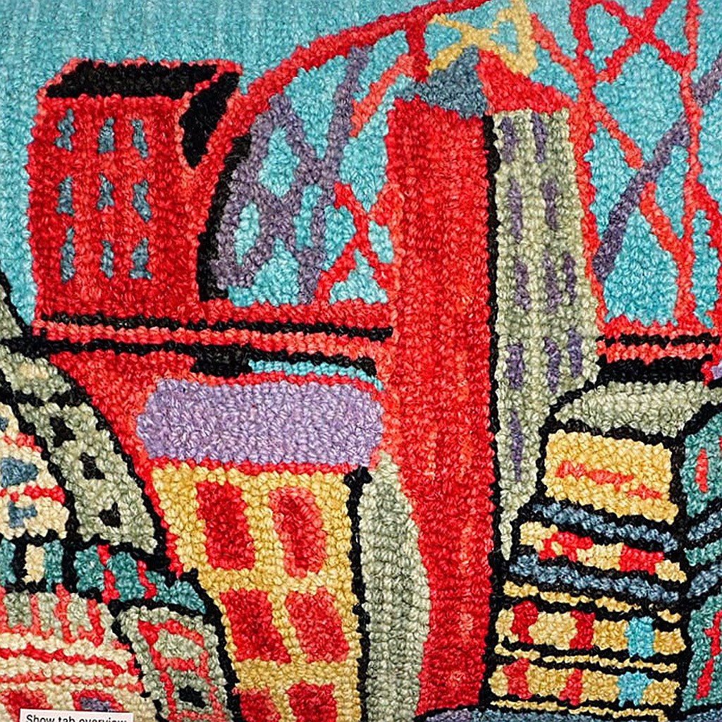 Colorful City Friends Wool Hooked pillow fabric closeup showing hand-embroidered needlepoint wool texture and color detail
