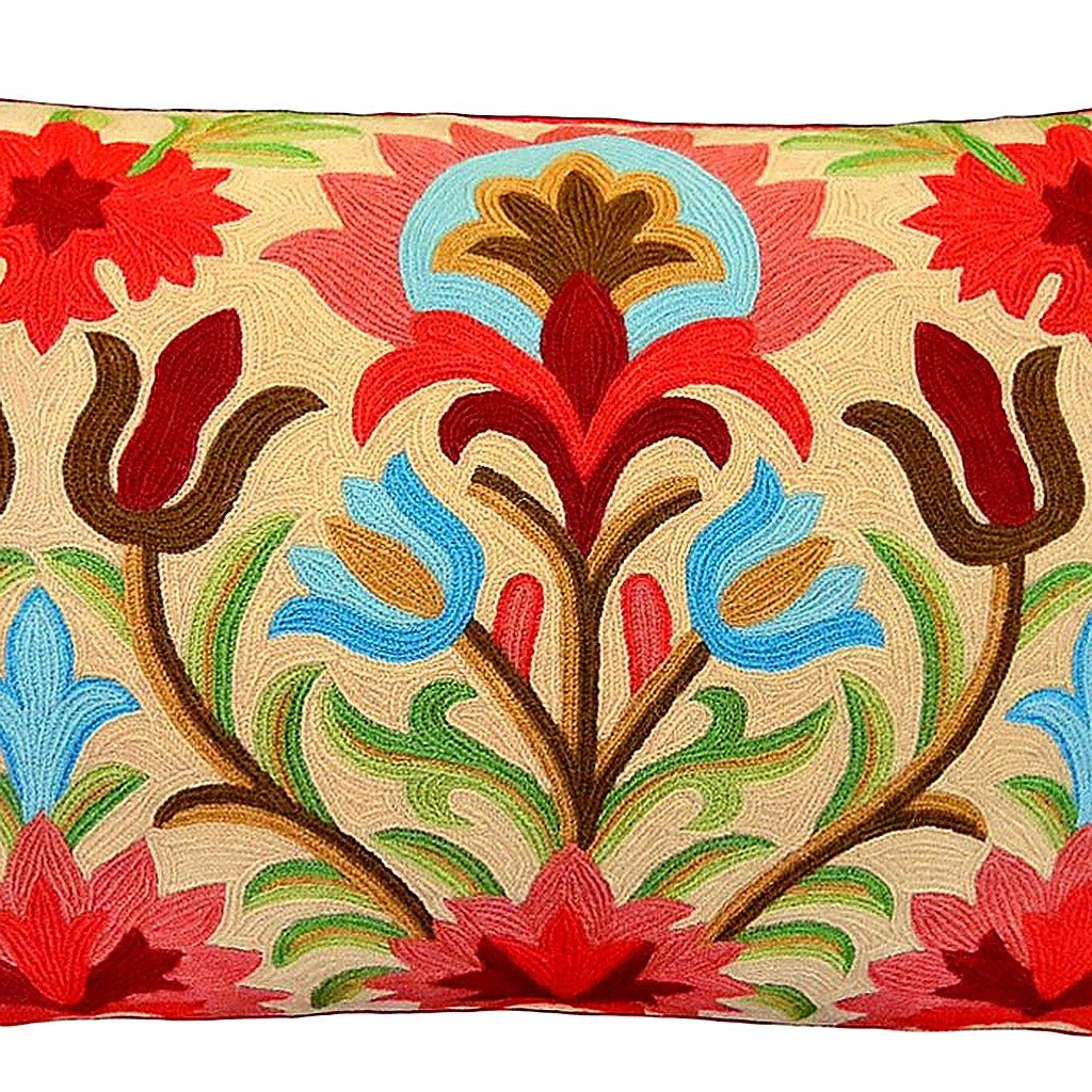 Hand-stitched wool detail of Colorful Floral Boho Botanical Embroidered needlepoint pillow showing intricate weave pattern and texture