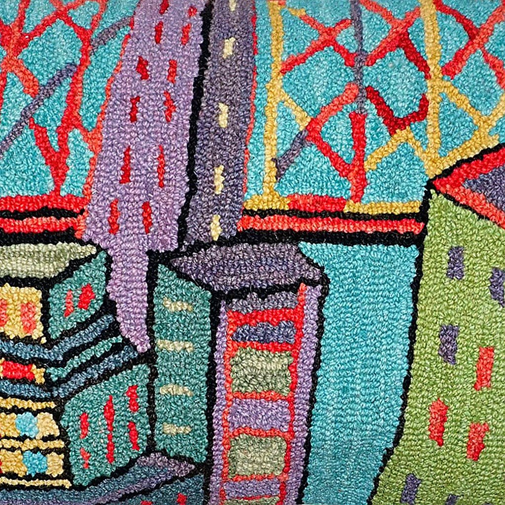 Hand-stitched wool detail of Colorful Fun City Wool Hooked needlepoint pillow showing intricate weave pattern and texture