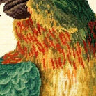 Colorful Parrot Wildlife Bird Lodge pillow fabric closeup showing hand-embroidered needlepoint wool texture and color detail