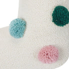 Closeup of Colorful Pom Poms Hooked Christmas Stocking showing stitch texture and craftsmanship detail