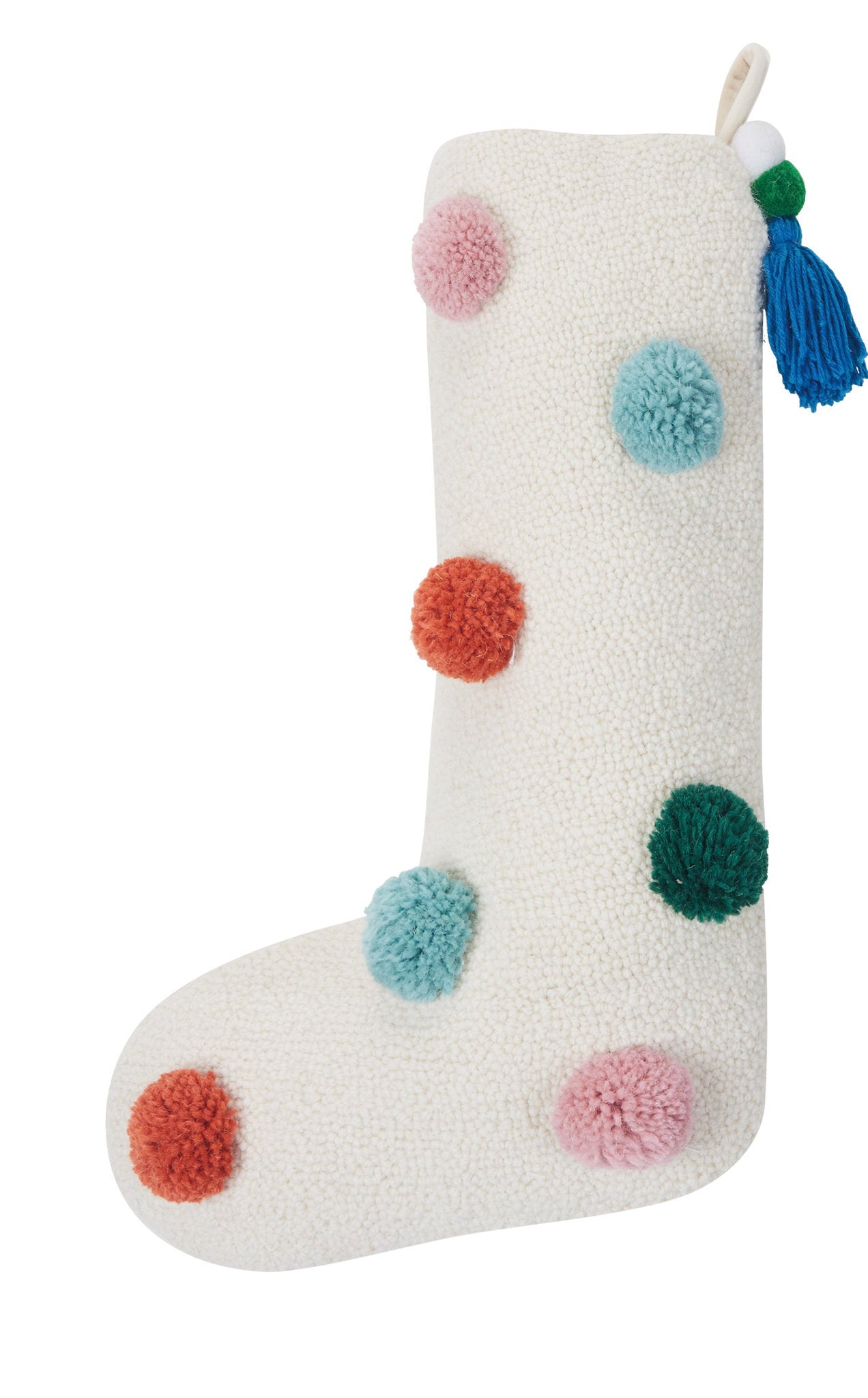 Colorful Pom Poms Hooked Christmas Stocking, 12x20 inch, front view