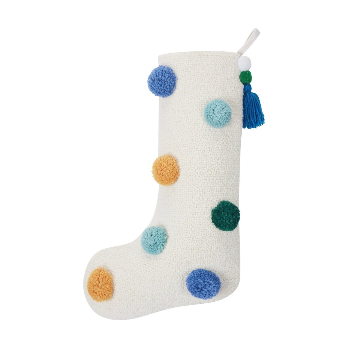 Colorful Pom Poms II Hooked Christmas Stocking, 12x20 inch, front view
