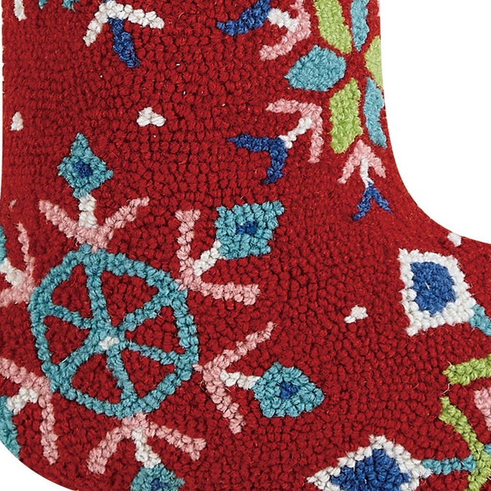 Closeup of Colorful Snowflakes Hooked Wool Christmas Stocking showing stitch texture and craftsmanship detail