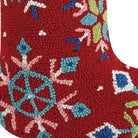 Closeup of Colorful Snowflakes Hooked Wool Christmas Stocking showing stitch texture and craftsmanship detail