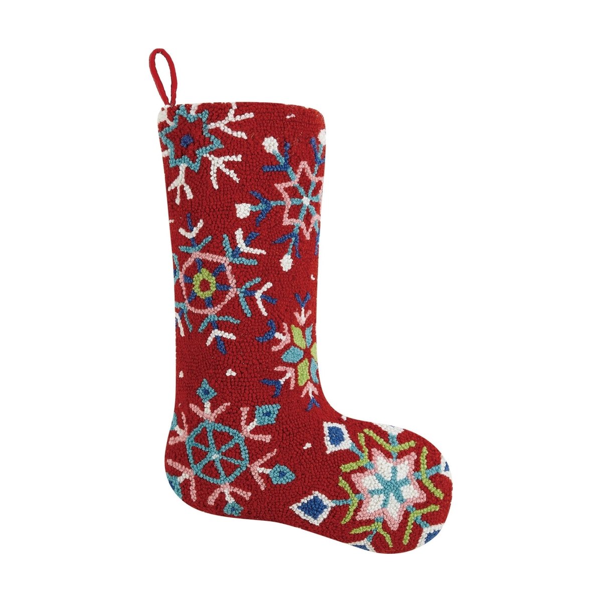 Colorful Snowflakes Hooked Wool Christmas Stocking, 12x20 inch, front view