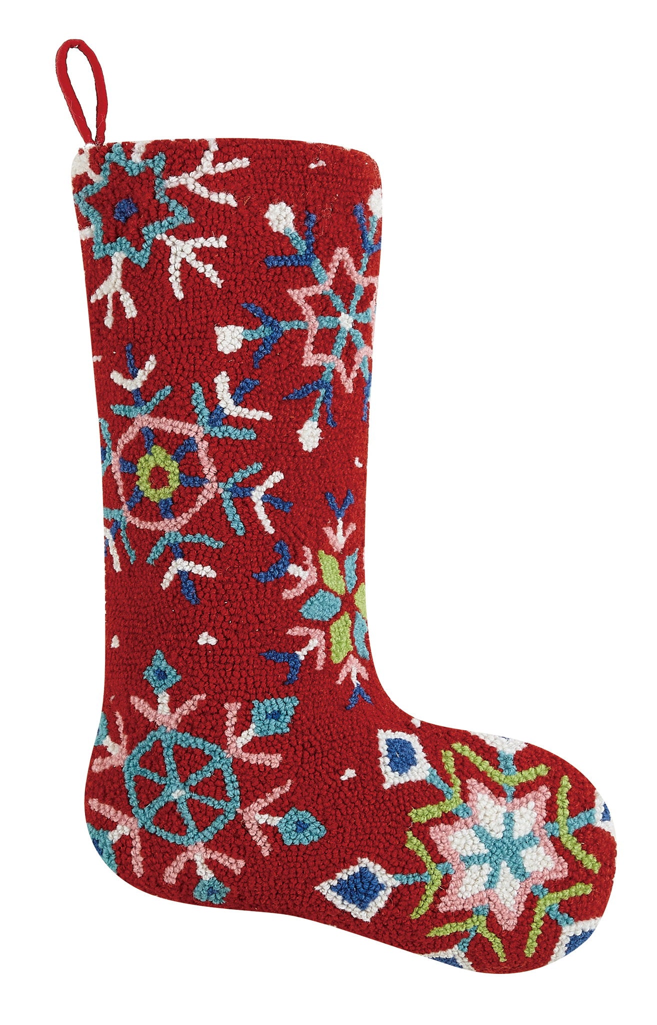 Colorful Snowflakes Hooked Wool Christmas Stocking, 12x20 inch, front view