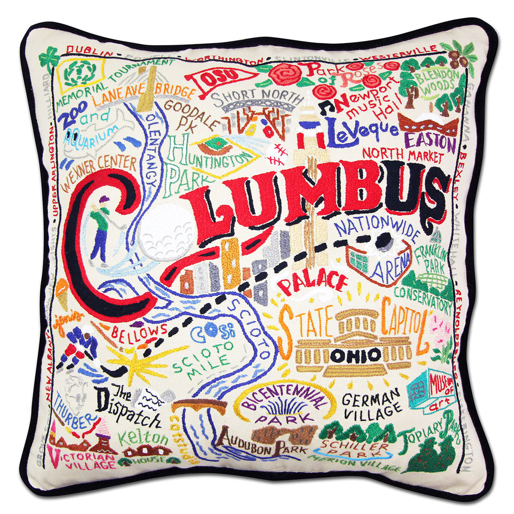 Columbus, OH Discovery City embroidered throw pillow with city landmarks.
