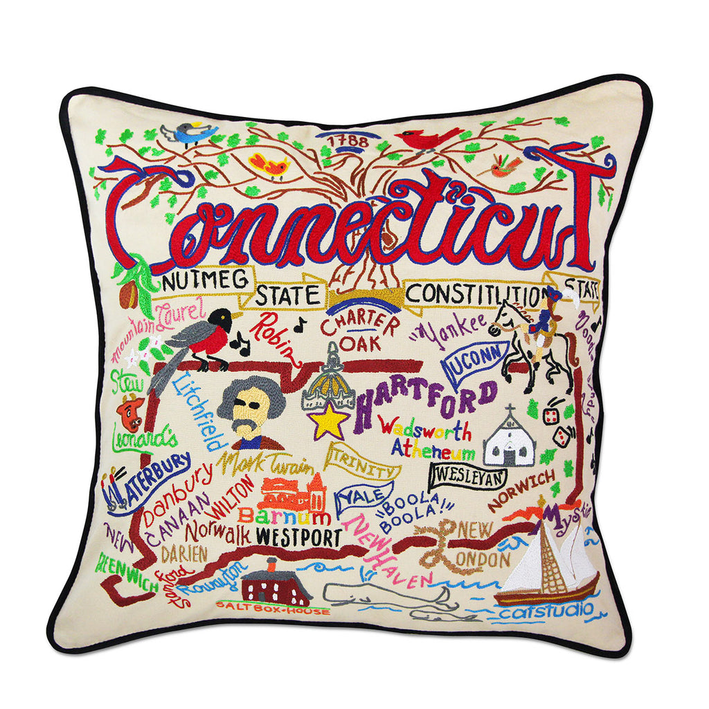 Connecticut State Charm embroidered throw pillow with state symbols.