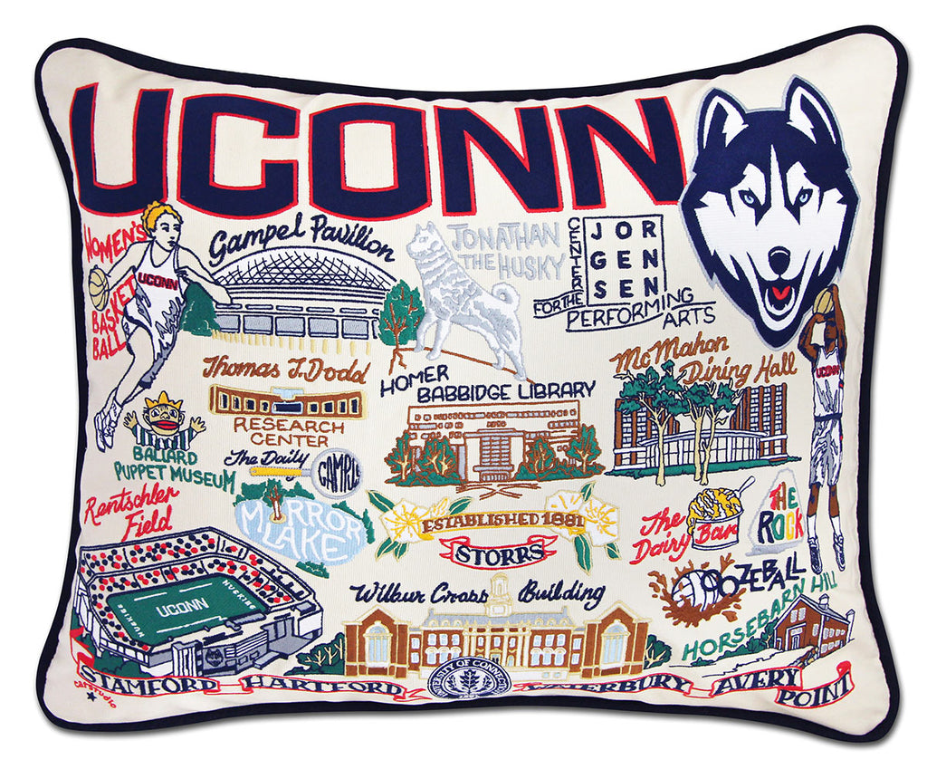 University of Connecticut UConn Huskies embroidered pillow with school logo.