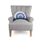 Cool Rainbow with Tassels Hooked Wool Throw Pillow on an armchair, showing the throw pillow at room scale, 12x18 inch