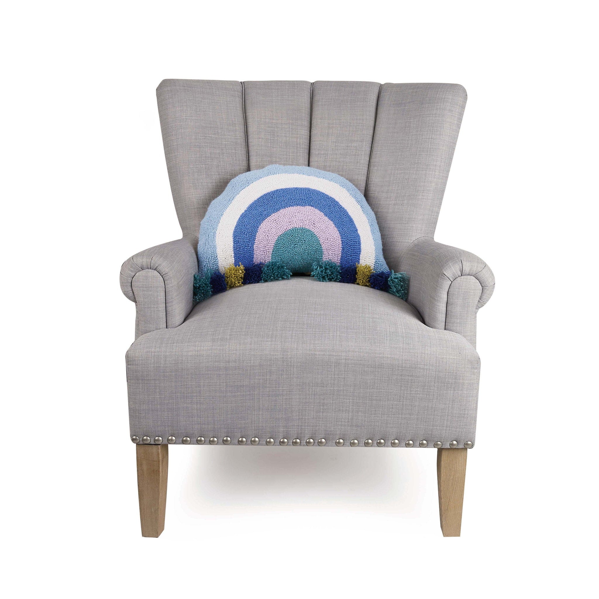 Cool Rainbow with Tassels Hooked Wool Throw Pillow on an armchair, showing the throw pillow at room scale, 12x18 inch