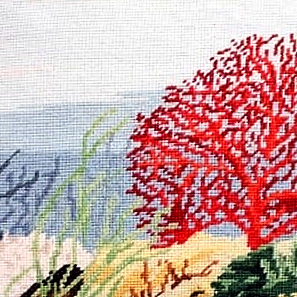 Closeup of Coral Reef Ocean Coastal Nautical needlepoint throw pillow highlighting hand-stitched wool craftsmanship and fabric detail