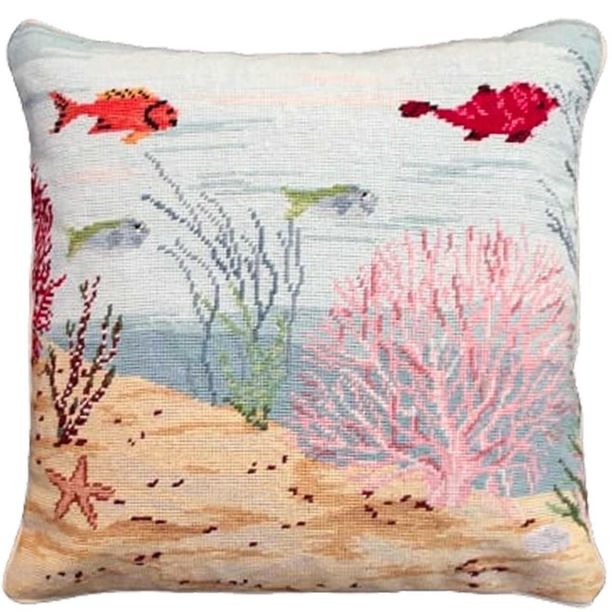 Coral Reef Ocean needlepoint throw pillow with nautical coastal motifs