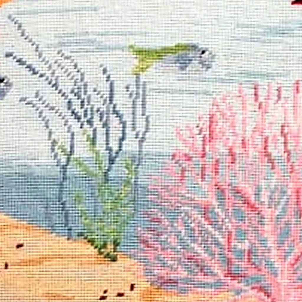 Coral Reef Ocean Coastal pillow fabric closeup showing hand-embroidered needlepoint wool texture and color detail