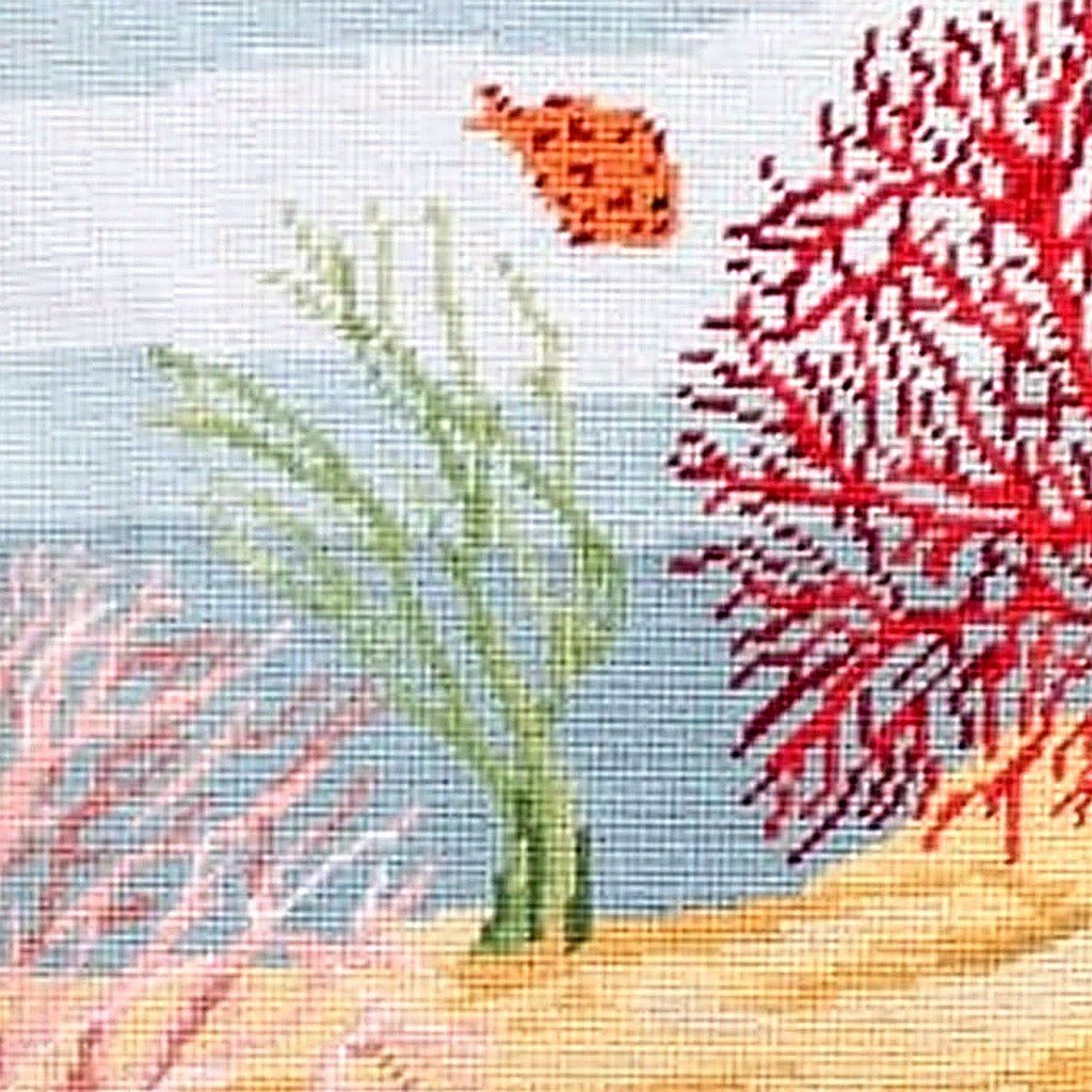 Hand-stitched wool detail of Coral Reef Ocean Fish needlepoint pillow showing intricate weave pattern and texture