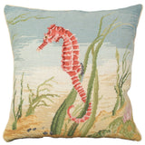 Coral Sea Horse needlepoint throw pillow with nautical coastal motifs