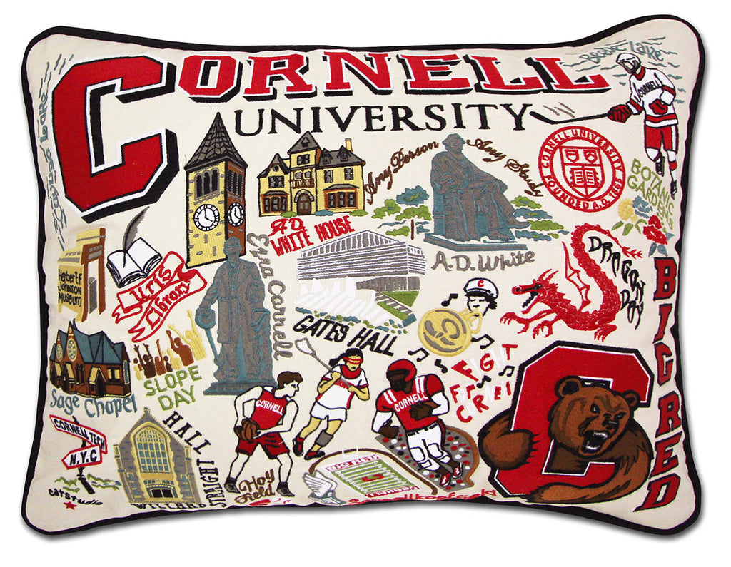 Cornell University Big Red embroidered throw pillow with school mascot.