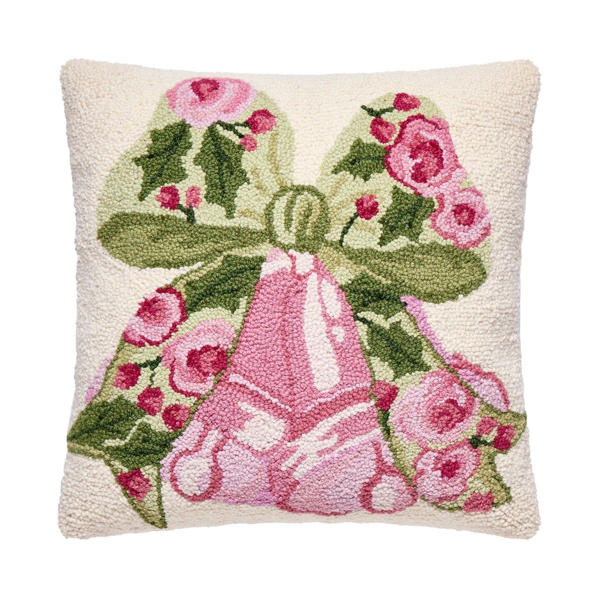 Cottage Charm Bells Hooked Wool Christmas Throw Pillow, 18x18 inch, front view