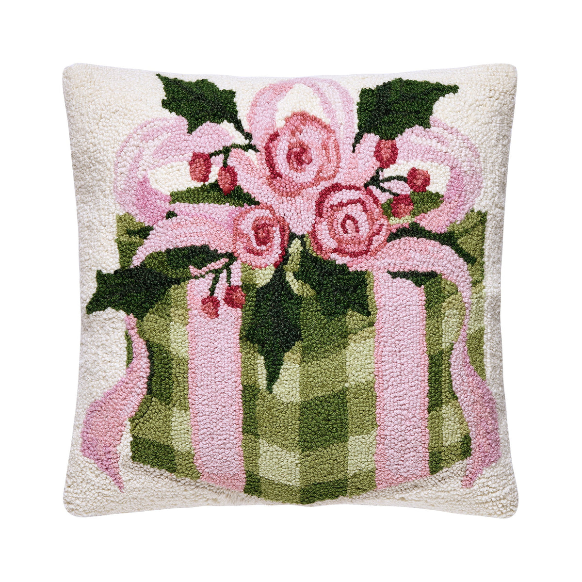 Cottage Charm Gift Hooked Wool Christmas Throw Pillow, 18x18 inch, front view