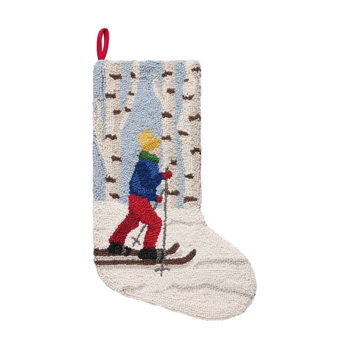 Country Skier Hooked Wool Christmas Stocking, 12x20 inch, front view