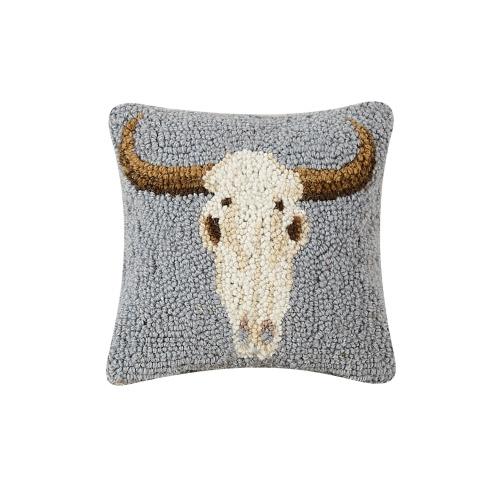 Cow Skull Hooked Wool Halloween Throw Pillow, 8x18 inch, front view