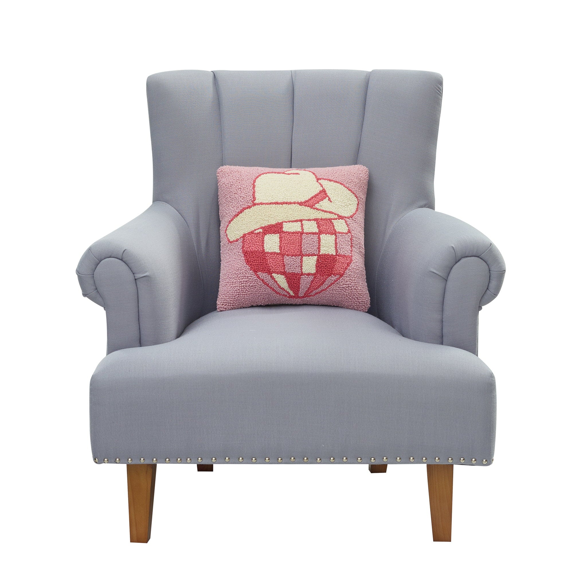 Cowboy Disco Ball Hooked Wool Throw Pillow on an armchair, showing the throw pillow at room scale, 14x14 inch
