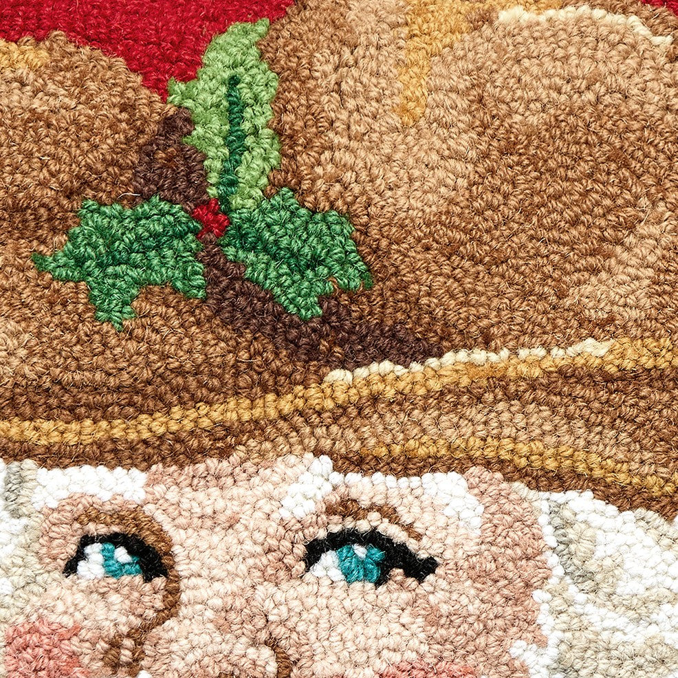 Cowboy Hat Retro Santa Hooked Wool Christmas Throw Pillow, close-up detail