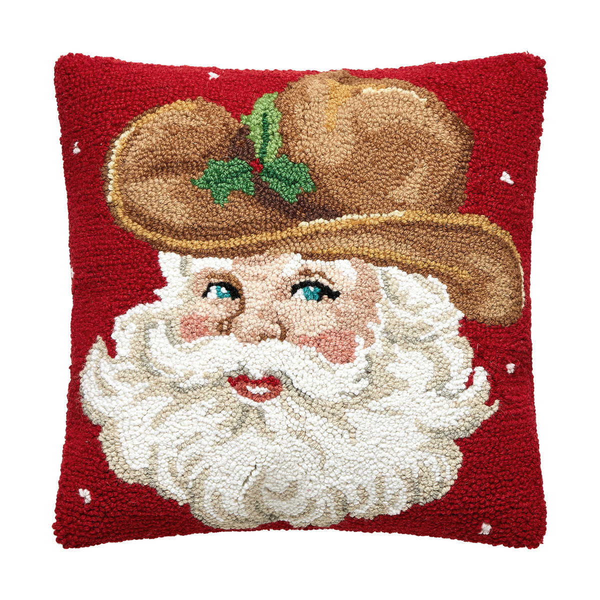 Cowboy Hat Retro Santa Hooked Wool Christmas Throw Pillow, 16x16 inch, front view