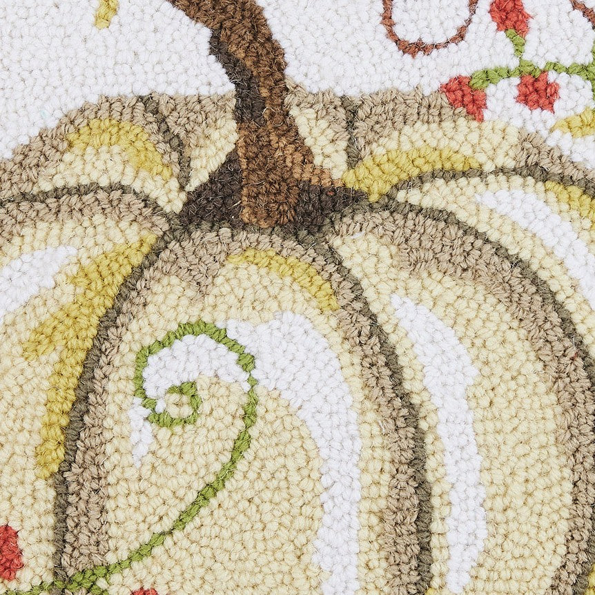 Cream Harvest Pumpkin Hooked Wool Fall Harvest Throw Pillow, close-up detail