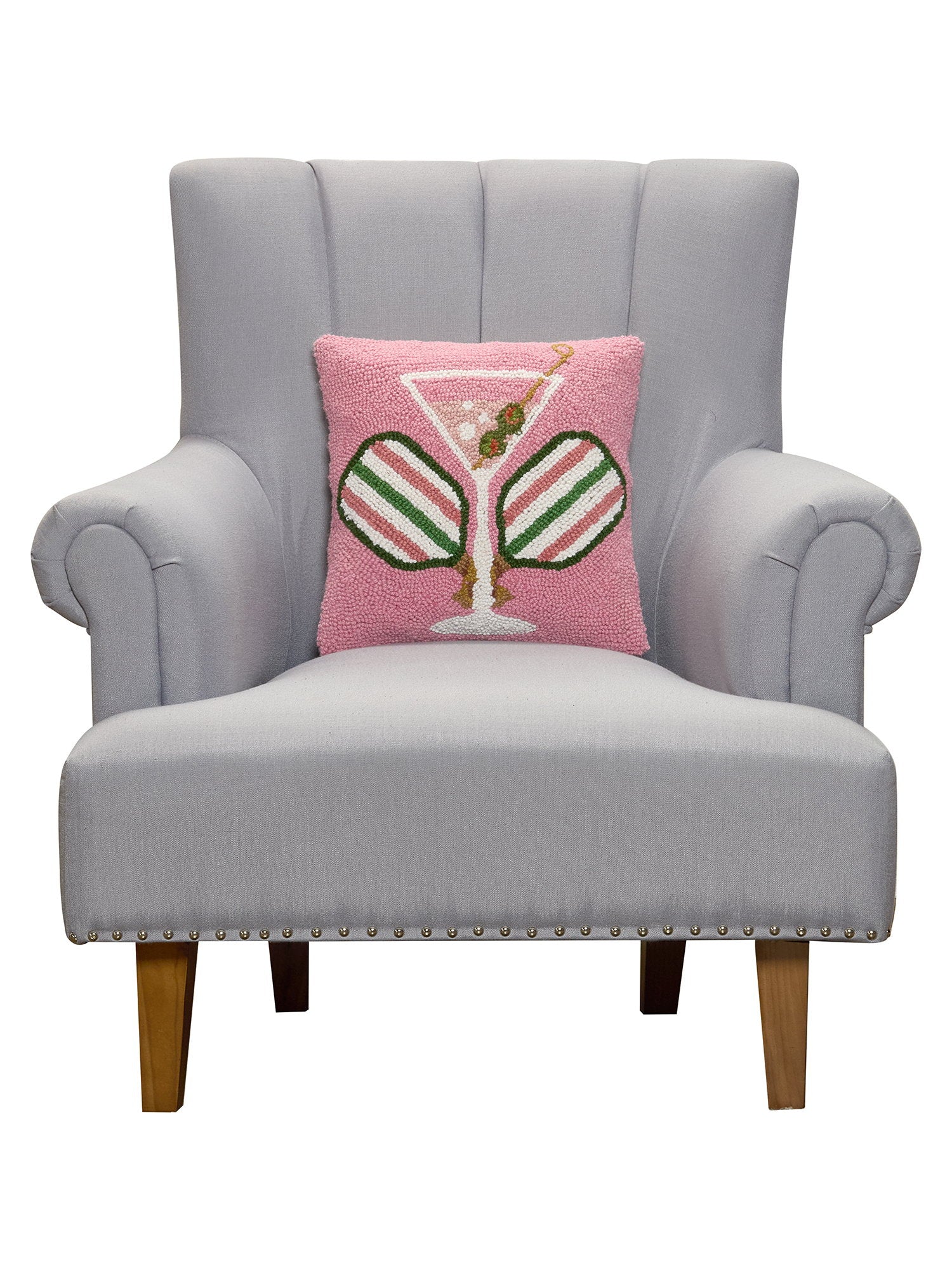 Crossed Paddles Martini Hooked Wool Throw Pillow on an armchair, showing the throw pillow at room scale, 14x14 inch